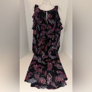LANE BRYANT Black Purple‎ Floral Cold-Shoulder Ruffle Hi-Lo Midi Dress size 16